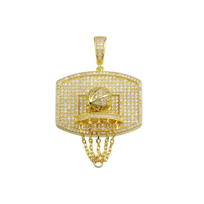 Silver 925 Gold Plated CZ Basketball Hoop Hip Hop Pendant - SLP00155-GP | Silver Palace Inc.