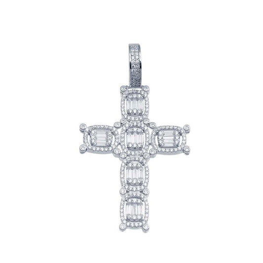 Rhodium Plated 925 Sterling Silver CZ Cross Hip Hop Pendant - SLP00156 | Silver Palace Inc.