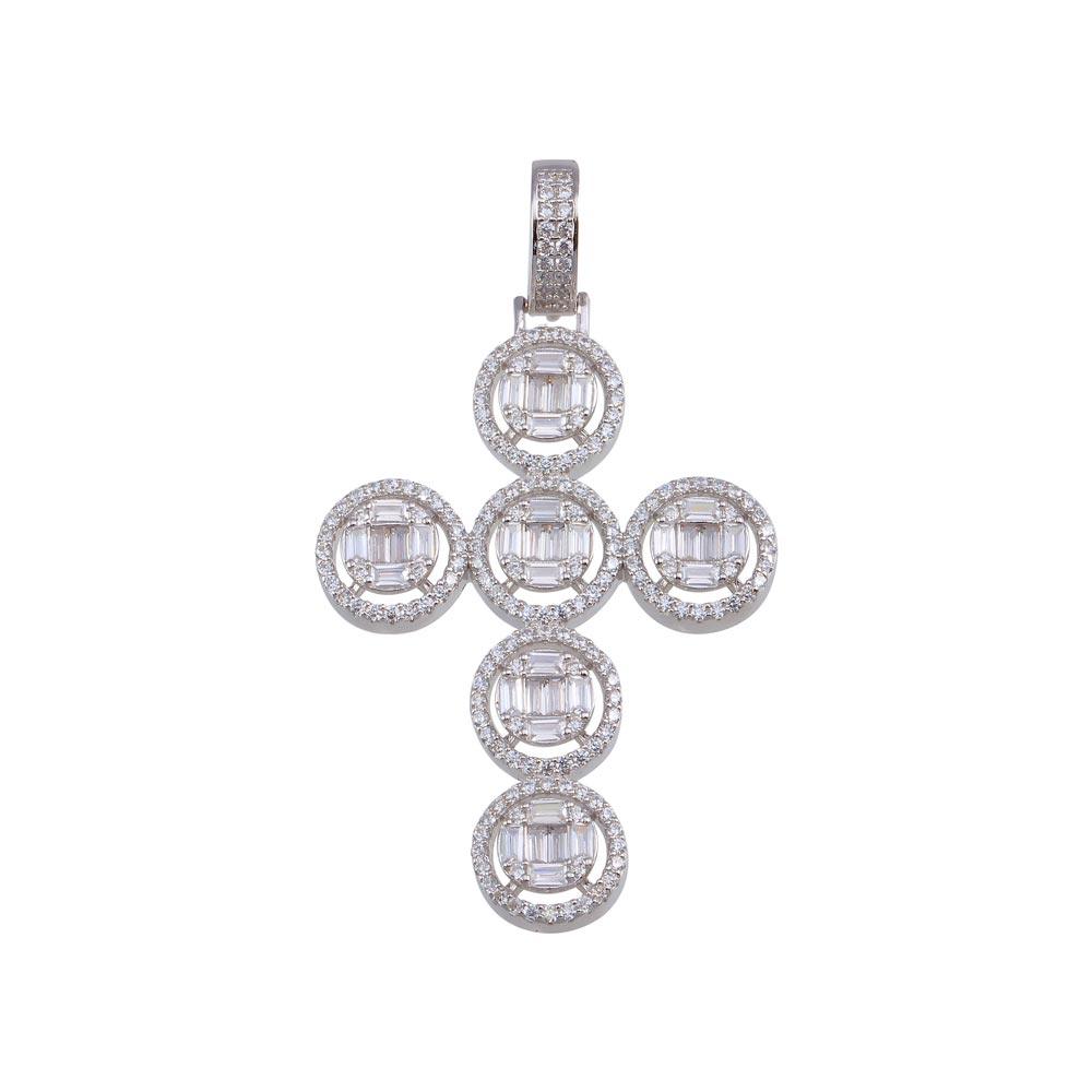 Rhodium Plated 925 Sterling Silver CZ Round Cross Hip Hop Pendant - SLP00157 | Silver Palace Inc.