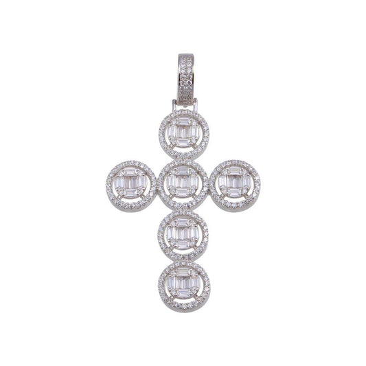 Rhodium Plated 925 Sterling Silver CZ Round Cross Hip Hop Pendant - SLP00157 | Silver Palace Inc.