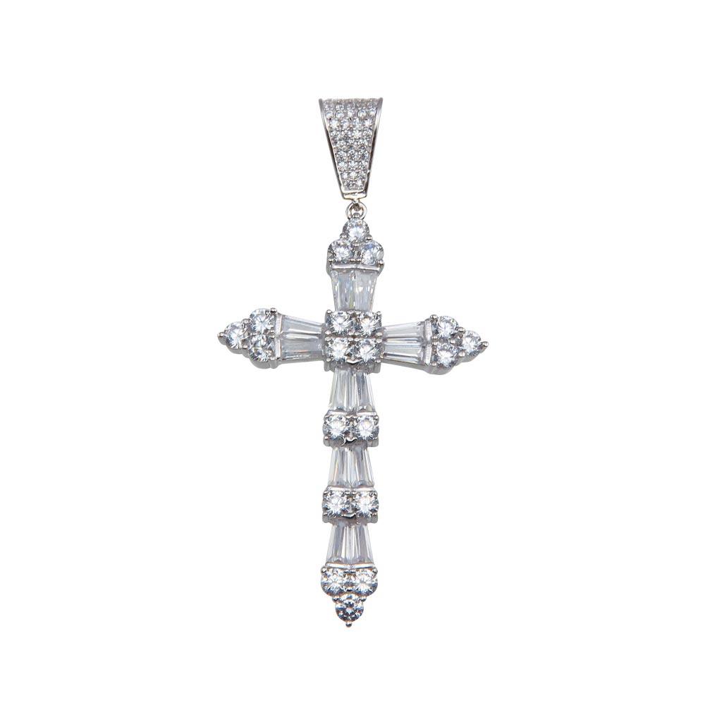 Rhodium Plated 925 Sterling Silver CZ Cross Hip Hop Pendant - SLP00158 | Silver Palace Inc.