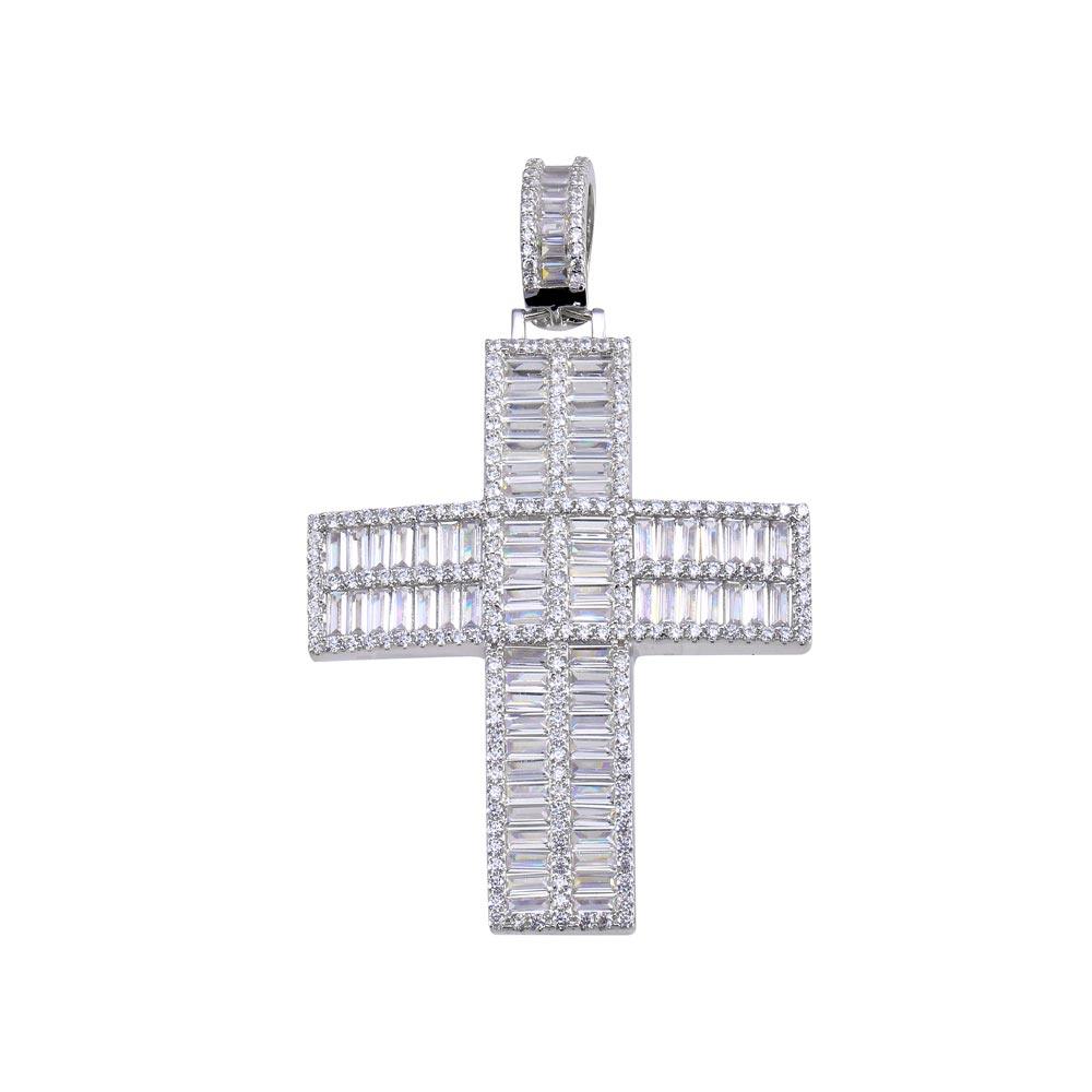 Rhodium Plated 925 Sterling Silver CZ Baguette Cross Hip Hop Pendant - SLP00161 | Silver Palace Inc.