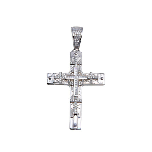 Rhodium Plated 925 Sterling Silver CZ Cross Hip Hop Pendant - SLP00162 | Silver Palace Inc.