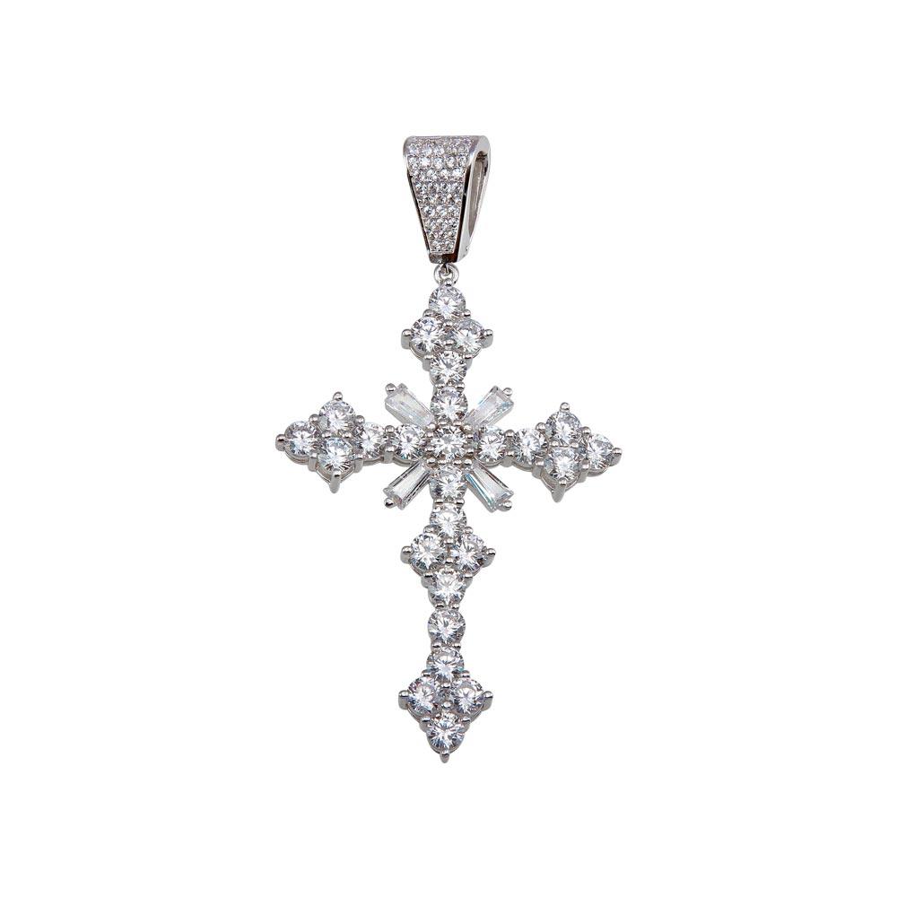 Rhodium Plated 925 Sterling Silver Baguette CZ Cross Hip Hop Pendant - SLP00163 | Silver Palace Inc.