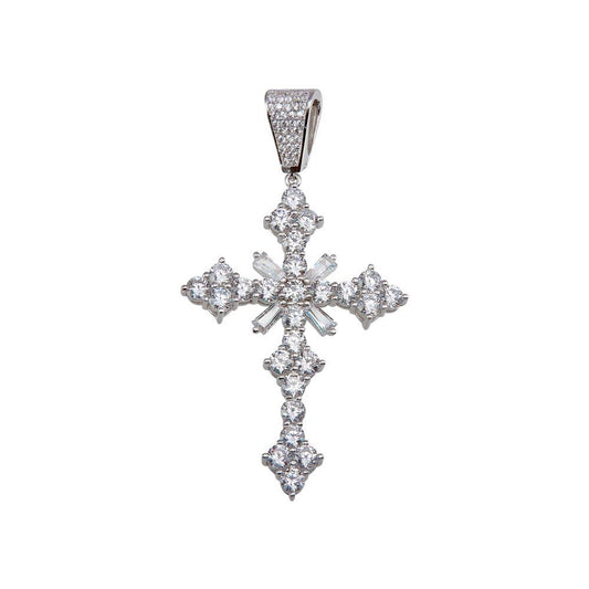 Rhodium Plated 925 Sterling Silver Baguette CZ Cross Hip Hop Pendant - SLP00163 | Silver Palace Inc.