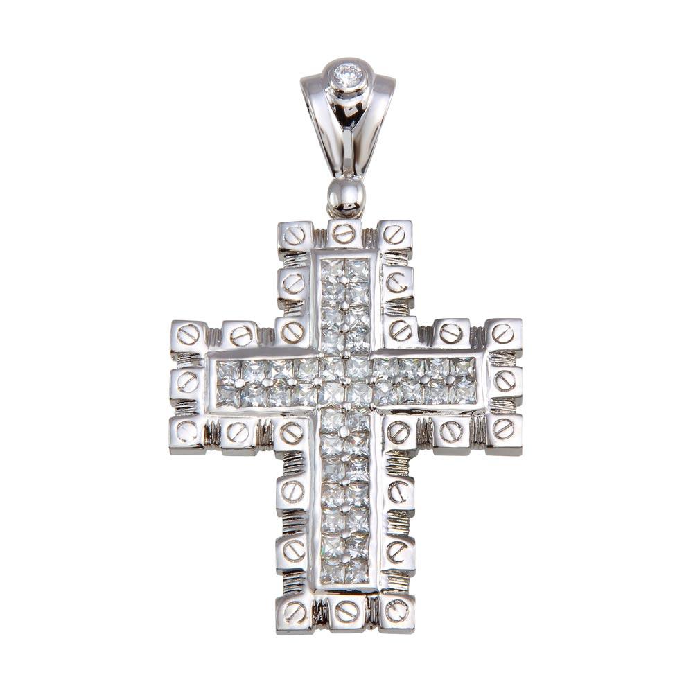 Rhodium Plated 925 Sterling Silver CZ Cross Hip Hop Pendant - SLP00167 | Silver Palace Inc.