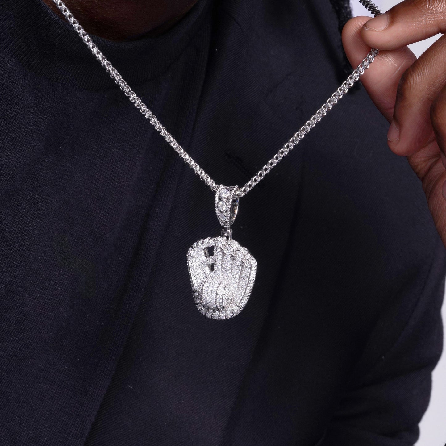 Rhodium Plated 925 Sterling Silver Baseball Gloves Clear CZ Pendant - SLP00170