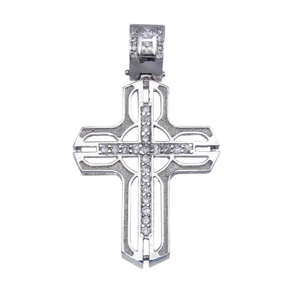 Rhodium Plated 925 Sterling Silver CZ Open Cross Hip Hop Pendant - SLP00173 | Silver Palace Inc.