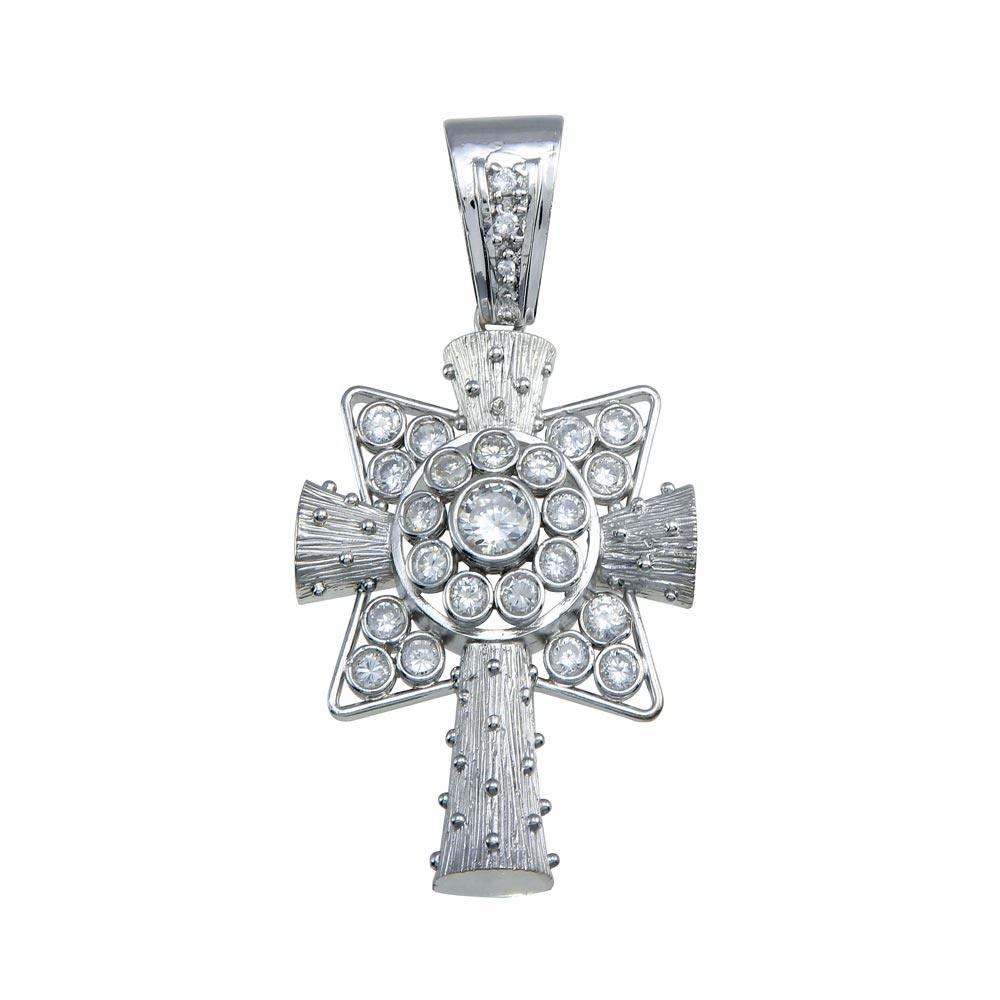 Rhodium Plated 925 Sterling Silver Cross Bubble CZ Hip Hop Pendant - SLP00174 | Silver Palace Inc.