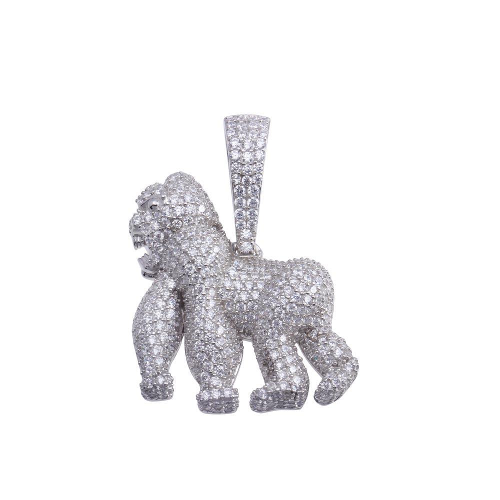 Rhodium Plated 925 Sterling Silver CZ Gorilla Hip Hop Pendant - SLP00175 | Silver Palace Inc.