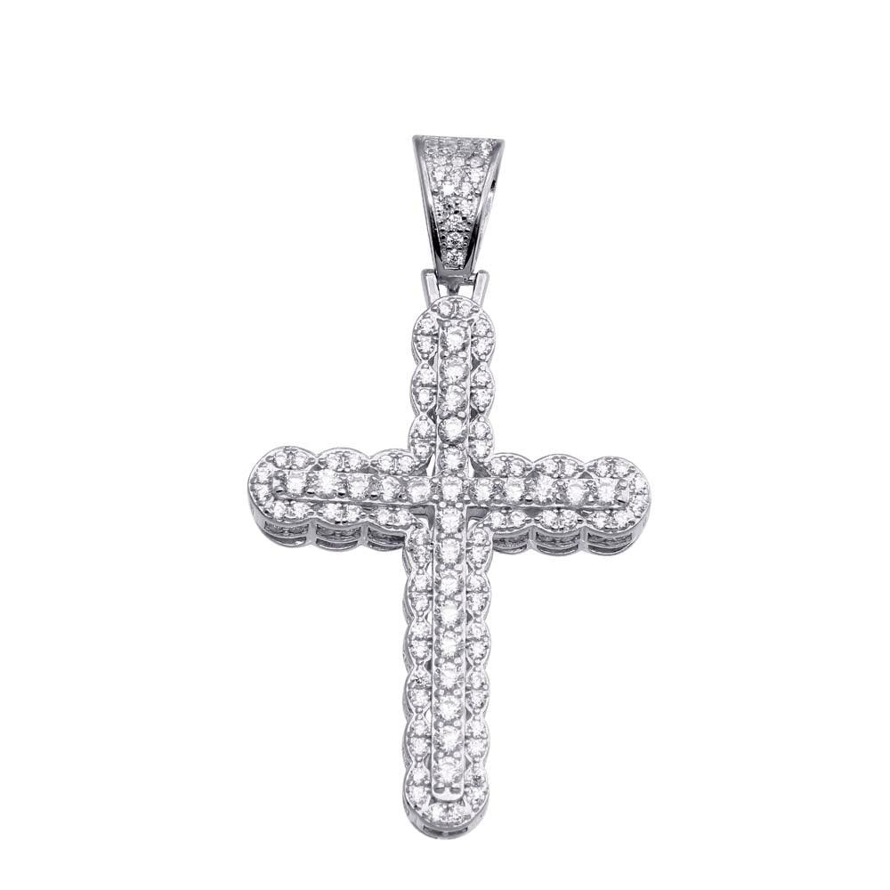 Rhodium Plated 925 Sterling Silver CZ Cross Hip Hop Pendant - SLP00177 | Silver Palace Inc.