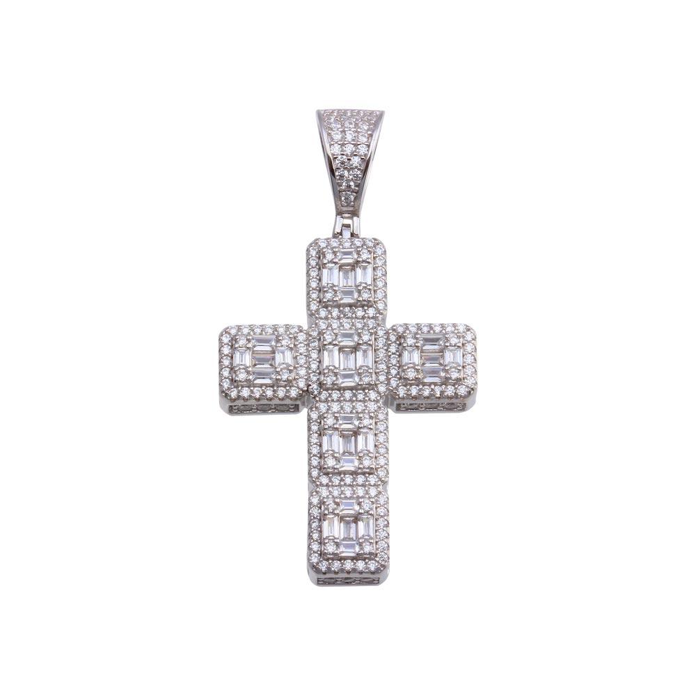 Rhodium Plated 925 Sterling Silver CZ Cross Hip Hop Pendant - SLP00182 | Silver Palace Inc.