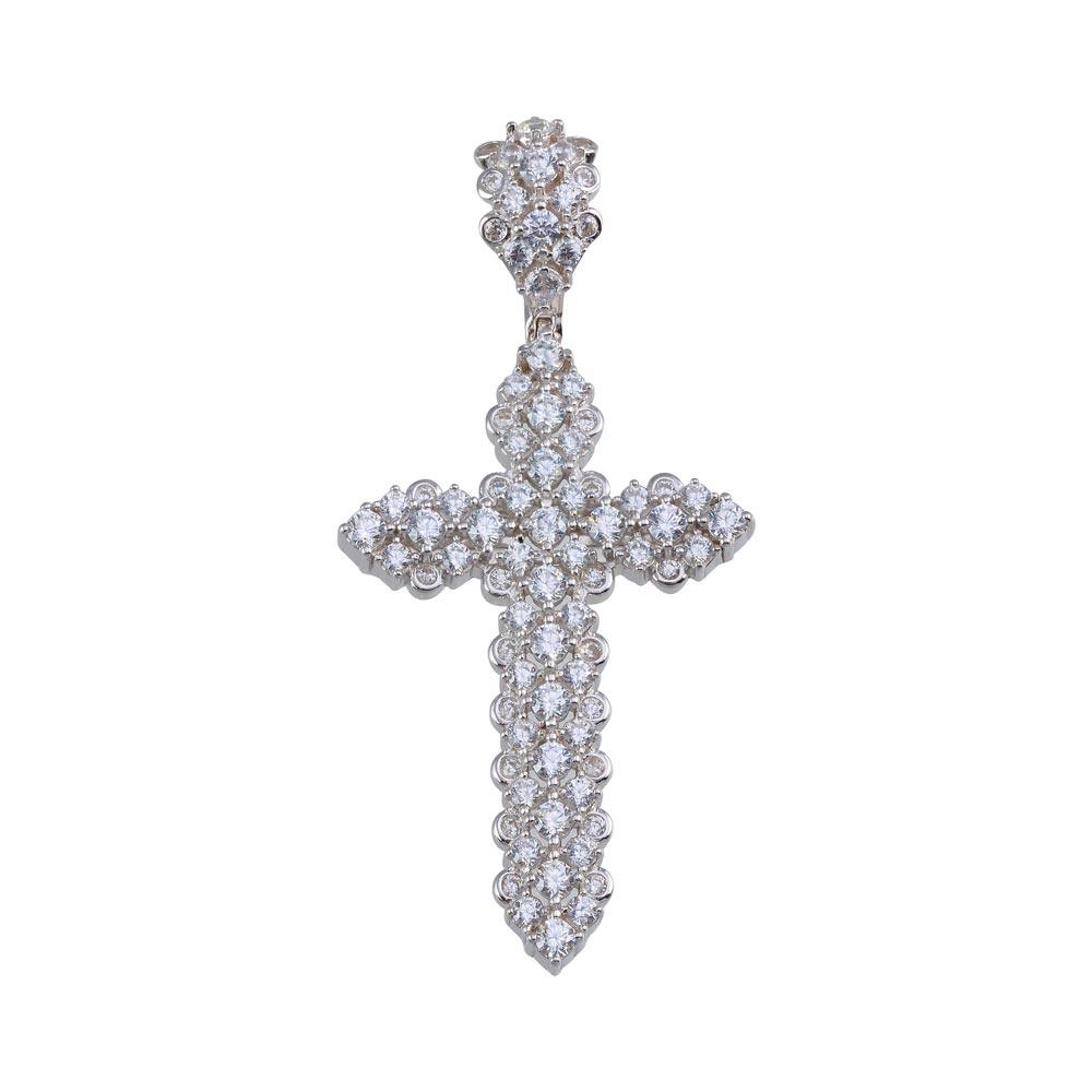 Rhodium Plated 925 Sterling Silver CZ Cross Hip Hop Pendant - SLP00183 | Silver Palace Inc.