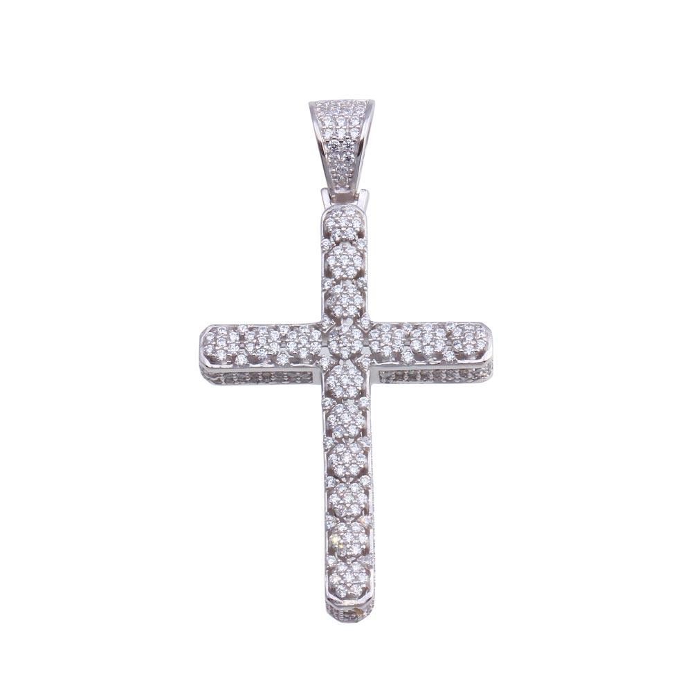 Rhodium Plated 925 Sterling Silver CZ Cross Hip Hop Pendant - SLP00184 | Silver Palace Inc.