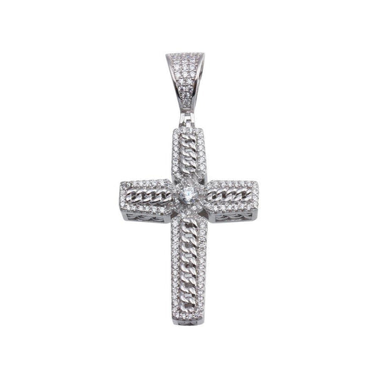 Rhodium Plated 925 Sterling Silver CZ Chain Cross Hip Hop Pendant - SLP00185 | Silver Palace Inc.