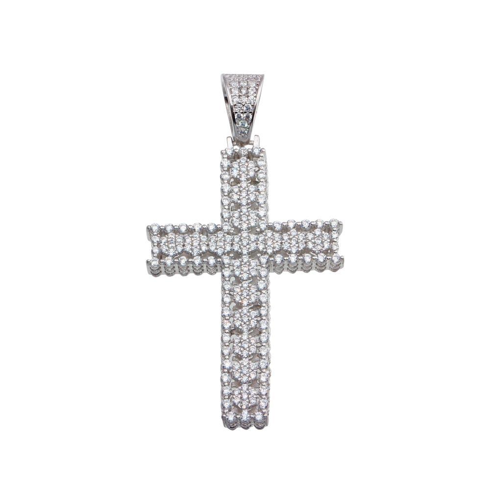 Rhodium Plated 925 Sterling Silver CZ Cross Hip Hop Pendant - SLP00186 | Silver Palace Inc.