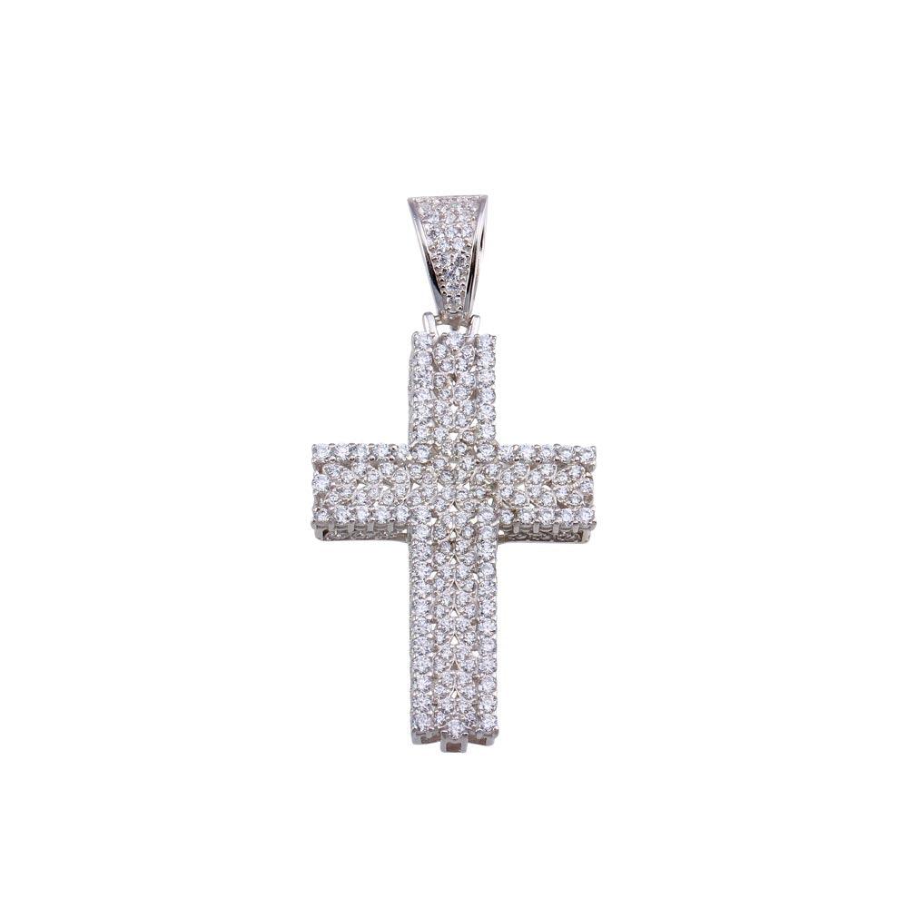 Rhodium Plated 925 Sterling Silver CZ Cross Hip Hop Pendant - SLP00187 | Silver Palace Inc.