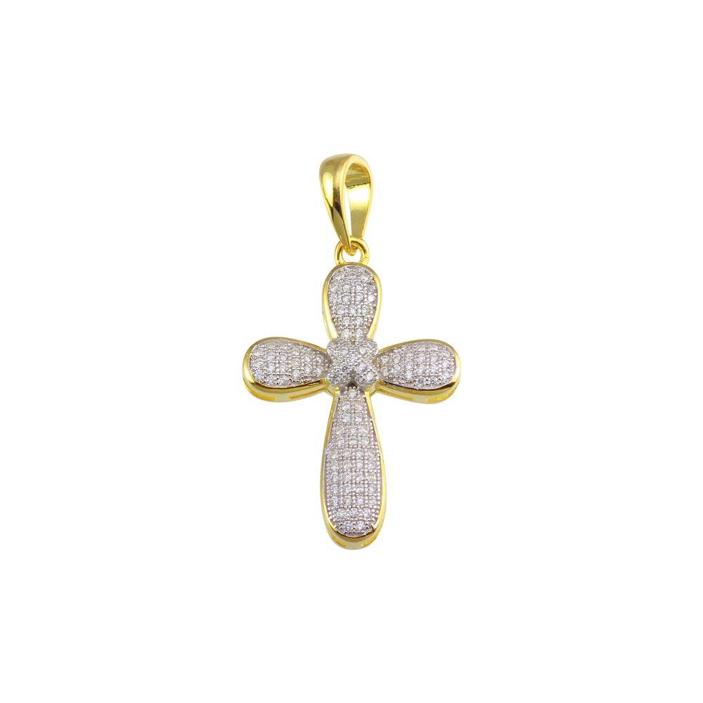 Silver 925 Gold Plated CZ Cross Hip Hop Pendant - SLP00190GP | Silver Palace Inc.