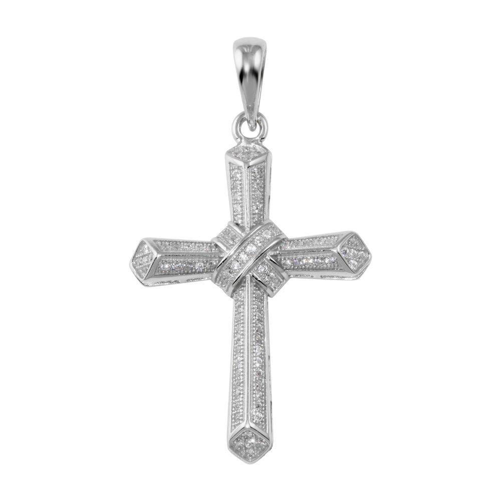 Rhodium Plated 925 Sterling Silver CZ Cross Hip Hop Pendant - SLP00191 | Silver Palace Inc.