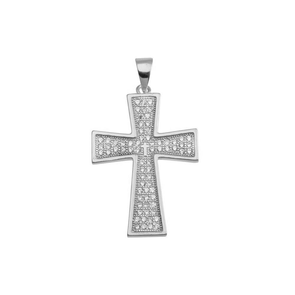 Rhodium Plated 925 Sterling Silver Cross CZ Hip Hop Pendant - SLP00195 | Silver Palace Inc.