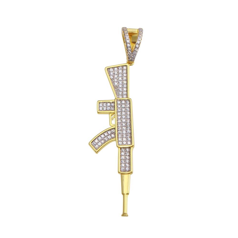 Silver 925 Gold Plated CZ Gun Hip Hop Pendant - SLP00196GP | Silver Palace Inc.