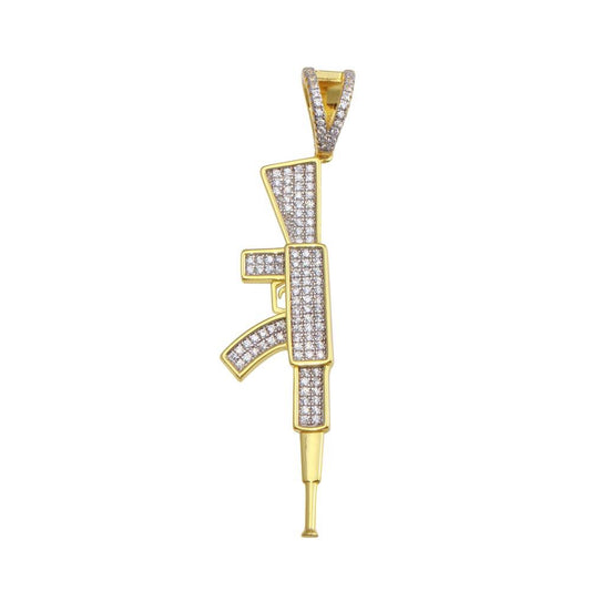 Silver 925 Gold Plated CZ Gun Hip Hop Pendant - SLP00196GP | Silver Palace Inc.