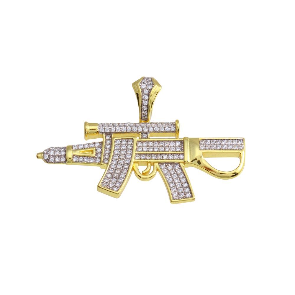 Silver 925 Gold Plated CZ Gun Hip Hop Pendant - SLP00198GP | Silver Palace Inc.