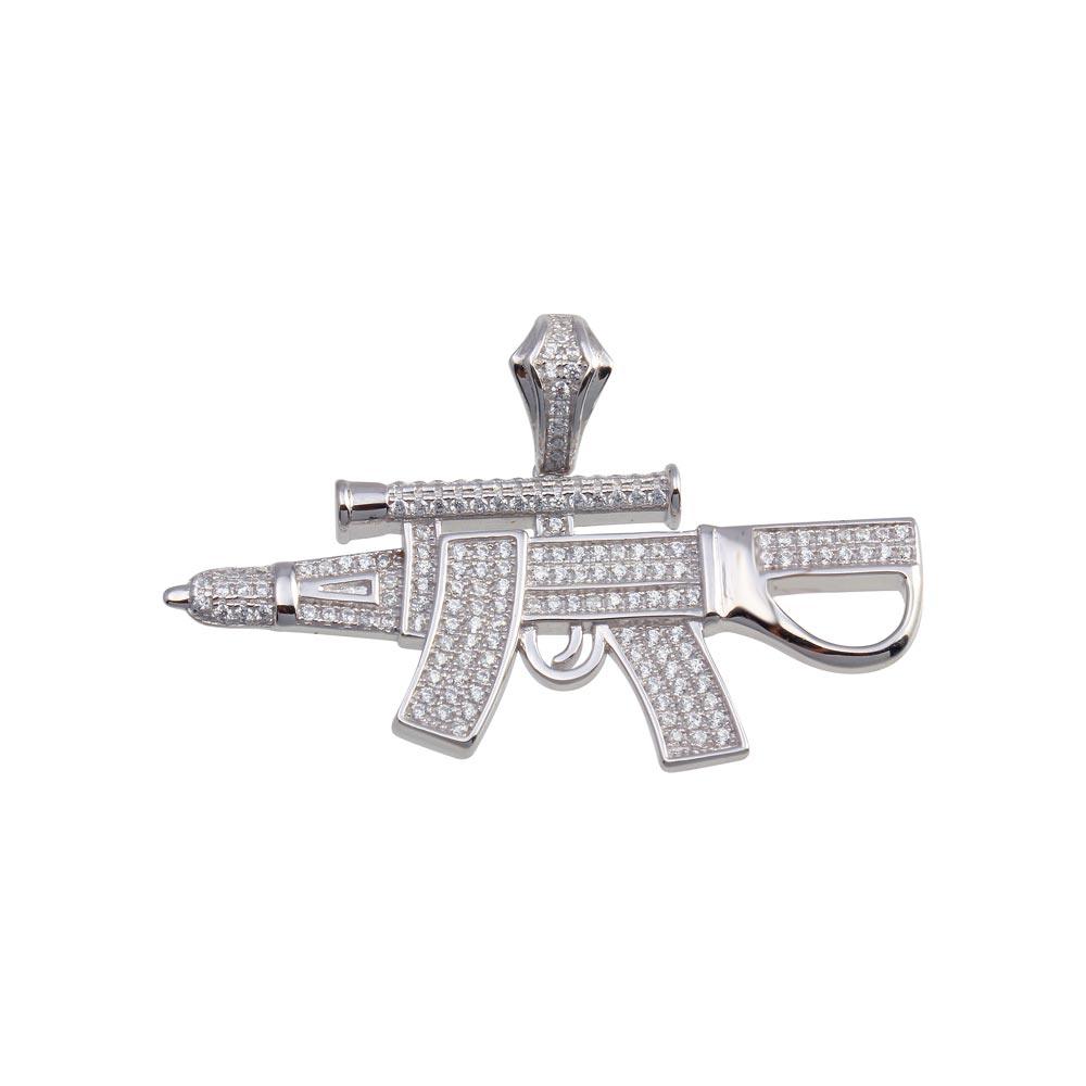 Rhodium Plated 925 Sterling Silver CZ Gun Hip Hop Pendant - SLP00198RH | Silver Palace Inc.