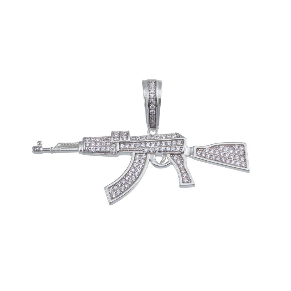 Rhodium Plated 925 Sterling Silver Riffle CZ Hip Hop Pendant - SLP00199RH | Silver Palace Inc.