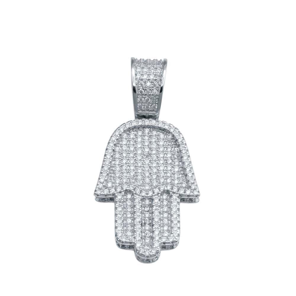 Rhodium Plated 925 Sterling Silver CZ Hamsa Hand Hip Hop Pendant - SLP00233 | Silver Palace Inc.