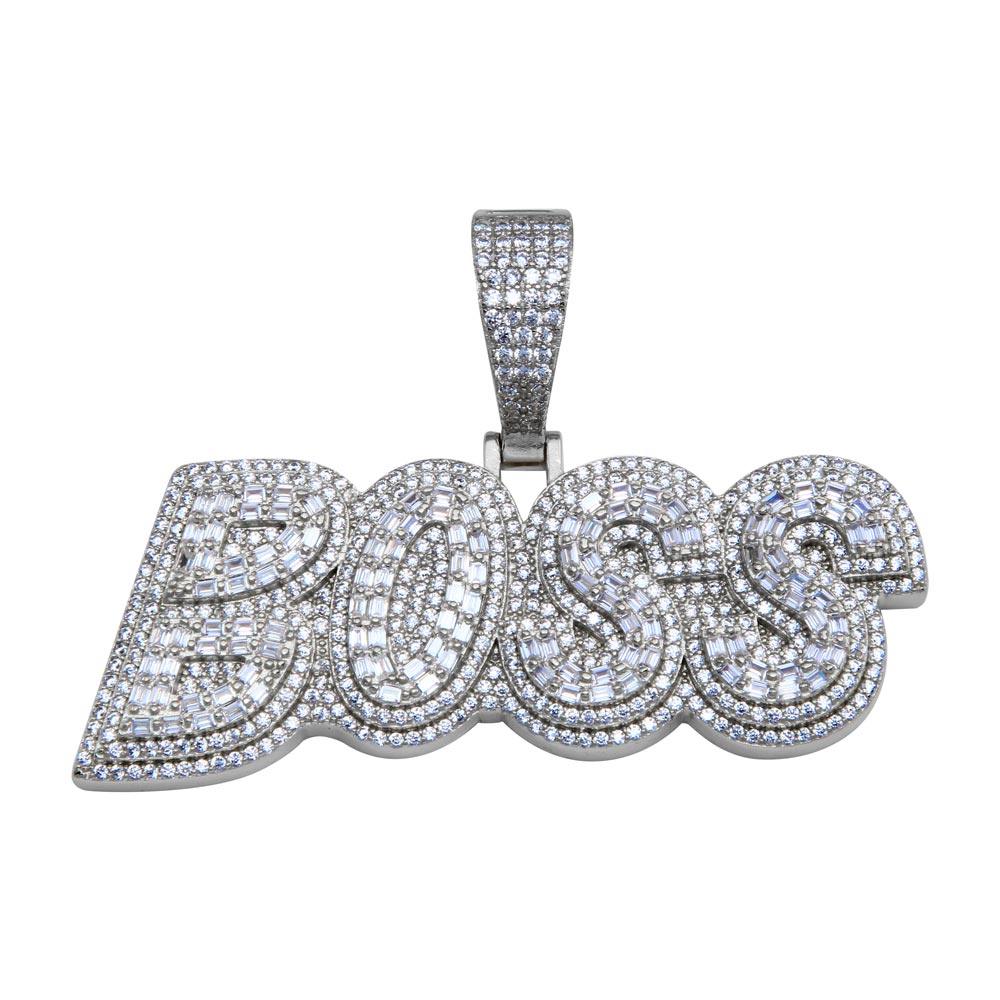 Rhodium Plated 925 Sterling Silver CZ BOSS Hip Hop Pendant - SLP00241RH | Silver Palace Inc.