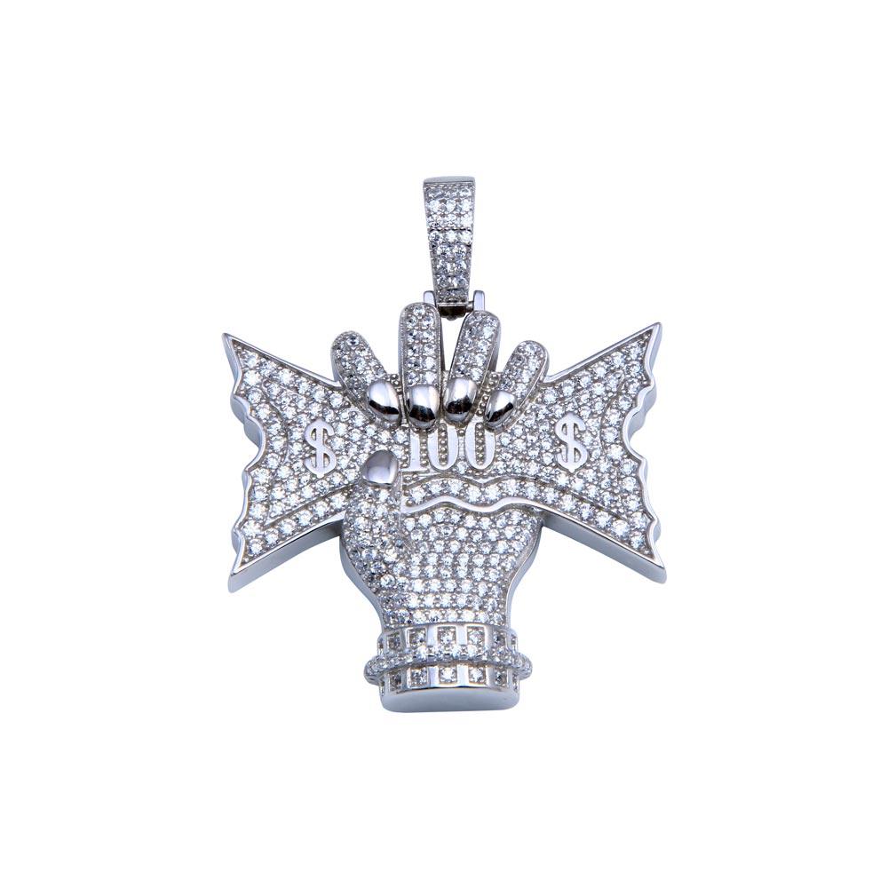 Rhodium Plated 925 Sterling Silver CZ CASH CRUNCH Hip Hop Pendant - SLP00251 | Silver Palace Inc.