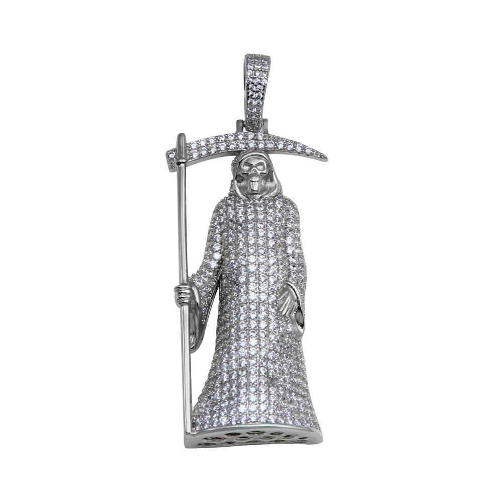 Rhodium Plated 925 Sterling Silver CZ  Santa Muerte Hip Hop Pendant - SLP00277RH | Silver Palace Inc.