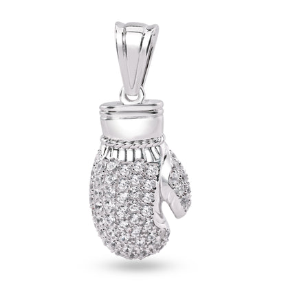 Rhodium Plated 925 Sterling Silver 3D Boxing Gloves Clear CZ Pendant - SLP00351