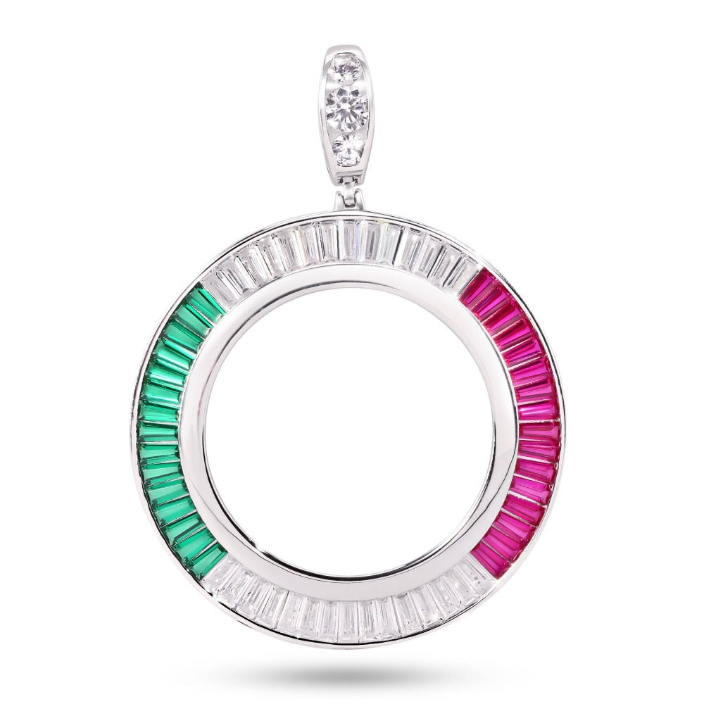 Rhodium Plated 925 Sterling Silver Bezel for Coin Baguette Clear Green and Red CZ Pendant - SLP00432