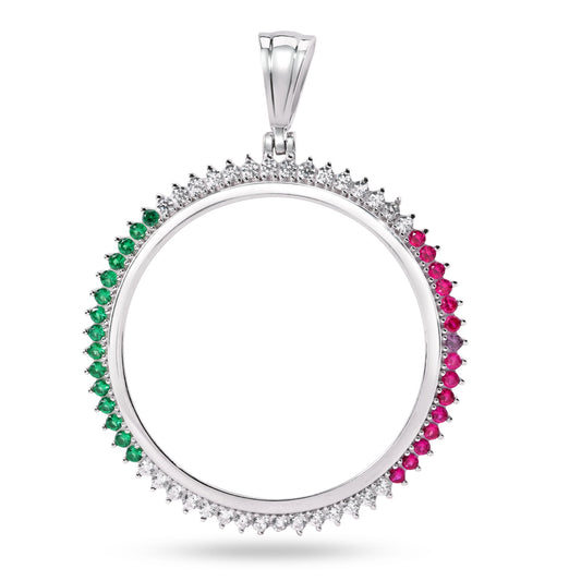 Rhodium Plated 925 Sterling Silver Bezel for Coin Clear Green and Red CZ Pendant - SLP00357