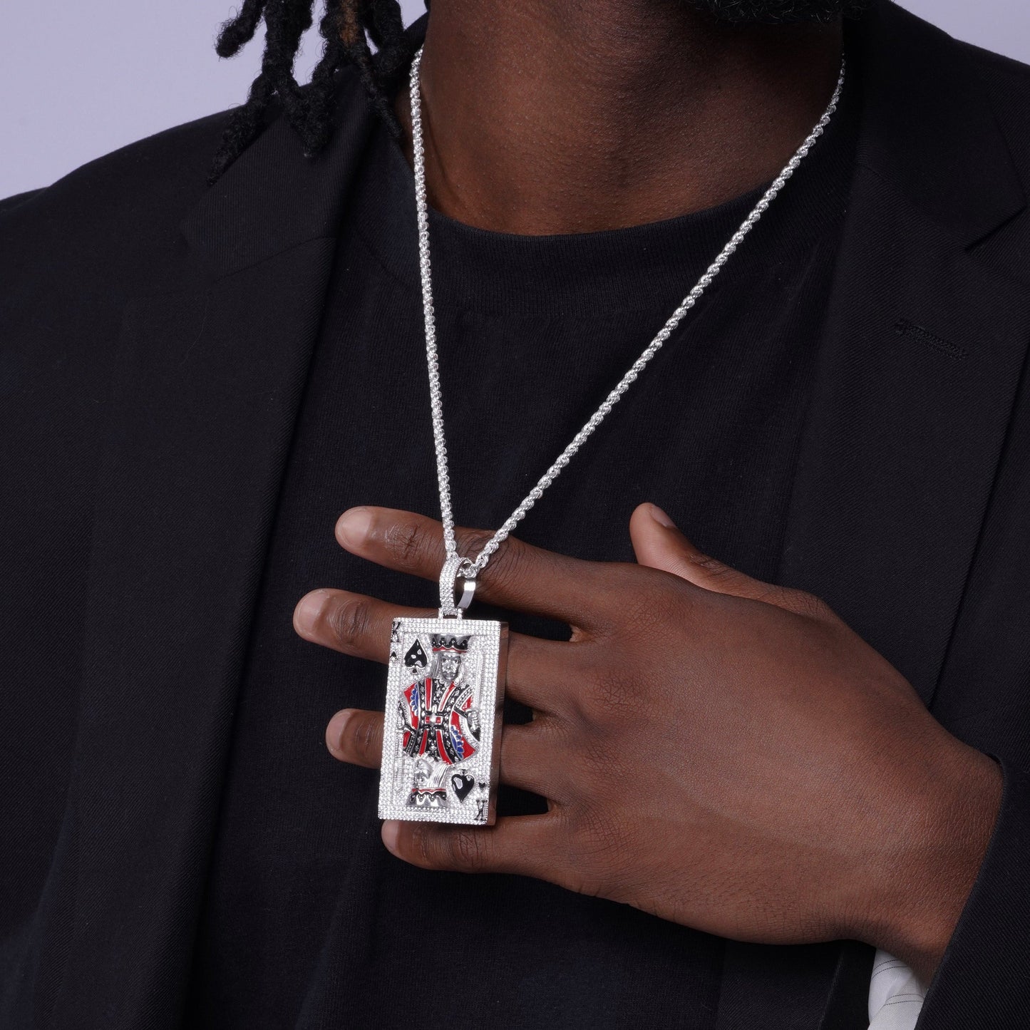 Rhodium Plated 925 Sterling Silver King of Spades Clear CZ Black and Red Enamel Pendant - SLP00363