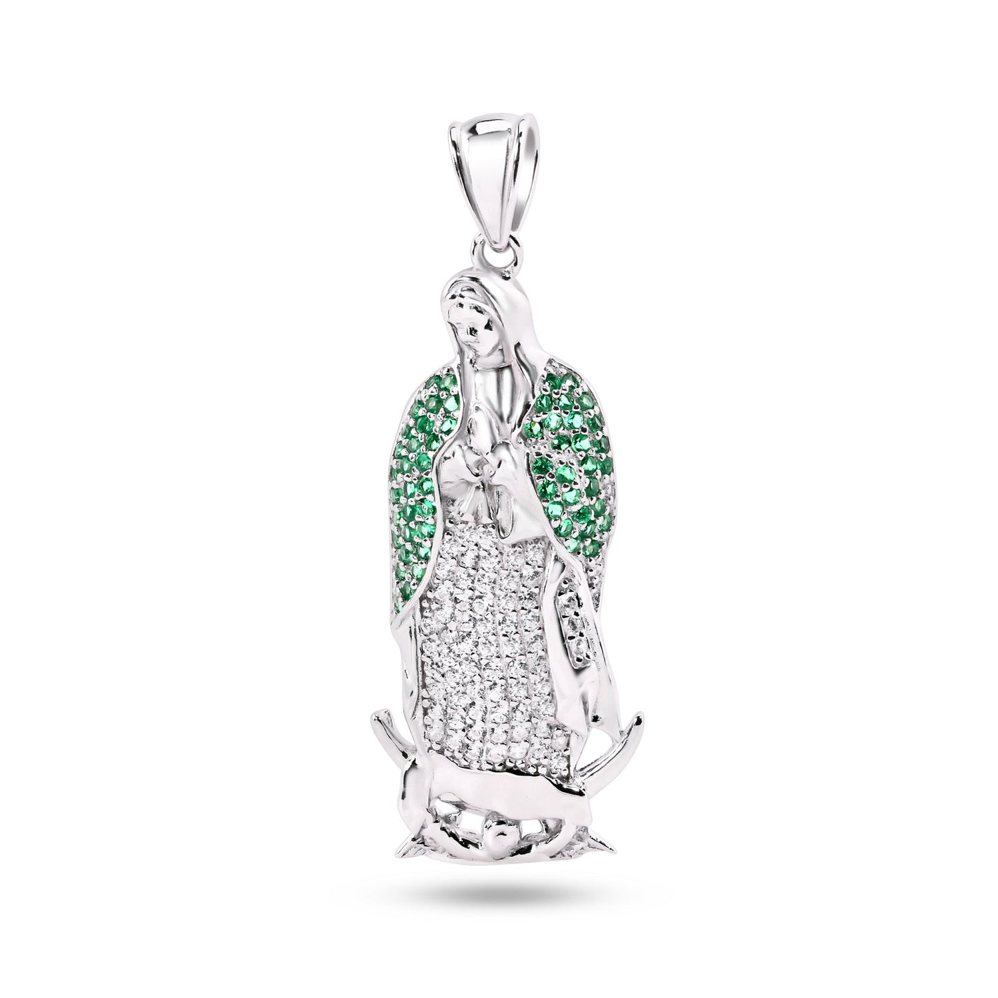 Rhodium Plated 925 Sterling Silver Virgin Mary Clear and Green CZ Pendant - SLP00364