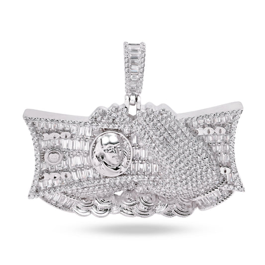 Rhodium Plated 925 Sterling Silver Dollar Bill Cash Clear CZ Pendant - SLP00378