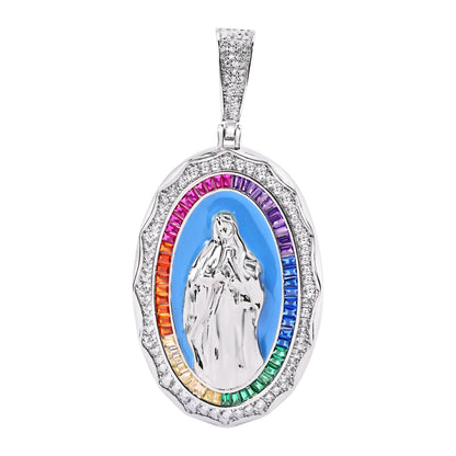 Rhodium Plated 925 Sterling Silver Virgin Mary Multicolor Baguette Stone and Clear CZ Pendant - SLP00380