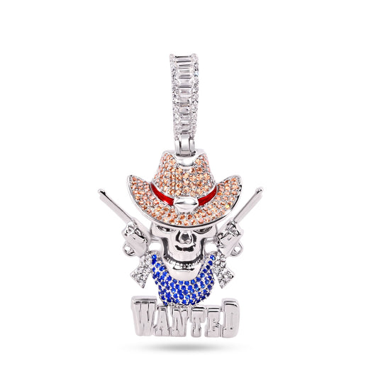 Rhodium Plated 925 Sterling Silver Wild West Skull Guns Wanted Brown Clear Blue CZ Pendant - SLP00386