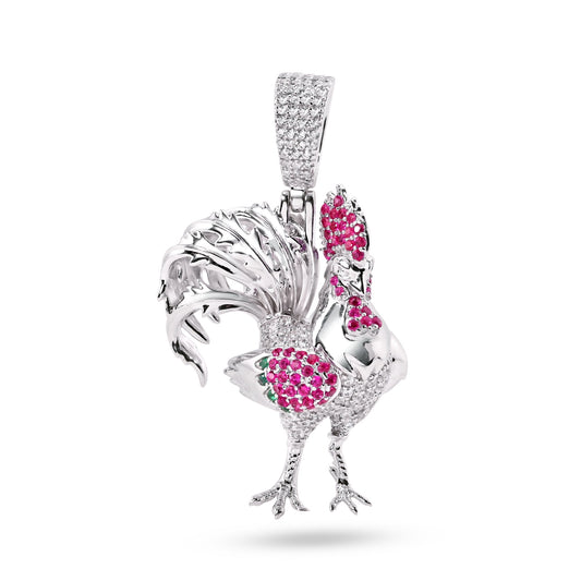 Rhodium Plated 925 Sterling Silver Rooster Red Green and Clear CZ Pendant - SLP00387