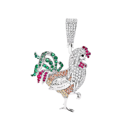 Rhodium Plated 925 Sterling Silver Chicken Multicolor CZ Pendant - SLP00388