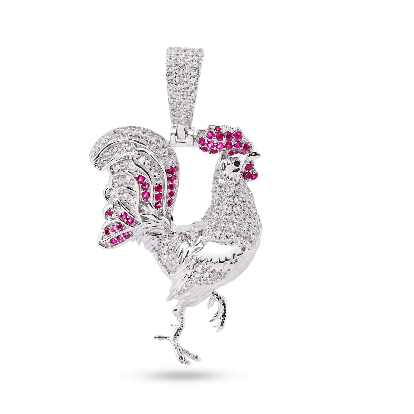 Rhodium Plated 925 Sterling Silver Rooster Red and Clear CZ Pendant - SLP00389