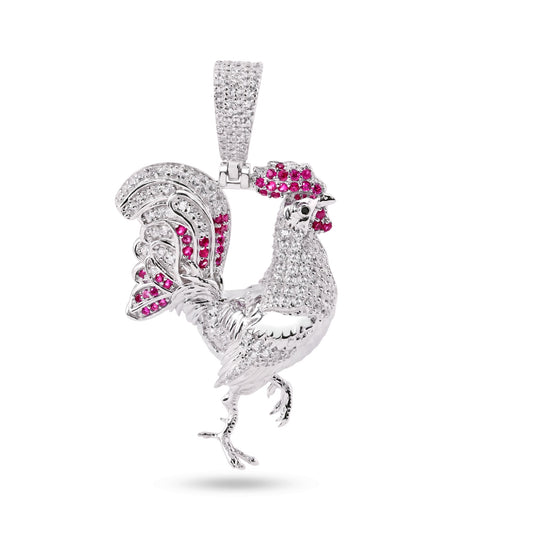 Rhodium Plated 925 Sterling Silver Rooster Red and Clear CZ Pendant - SLP00389