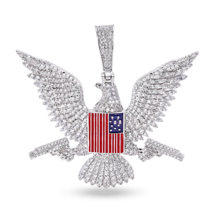 Rhodium Plated 925 Sterling Silver American Eagle Flag Gun Clear CZ Pendant - SLP00400