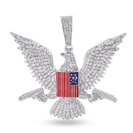 Rhodium Plated 925 Sterling Silver American Eagle Flag Gun Clear CZ Pendant - SLP00400