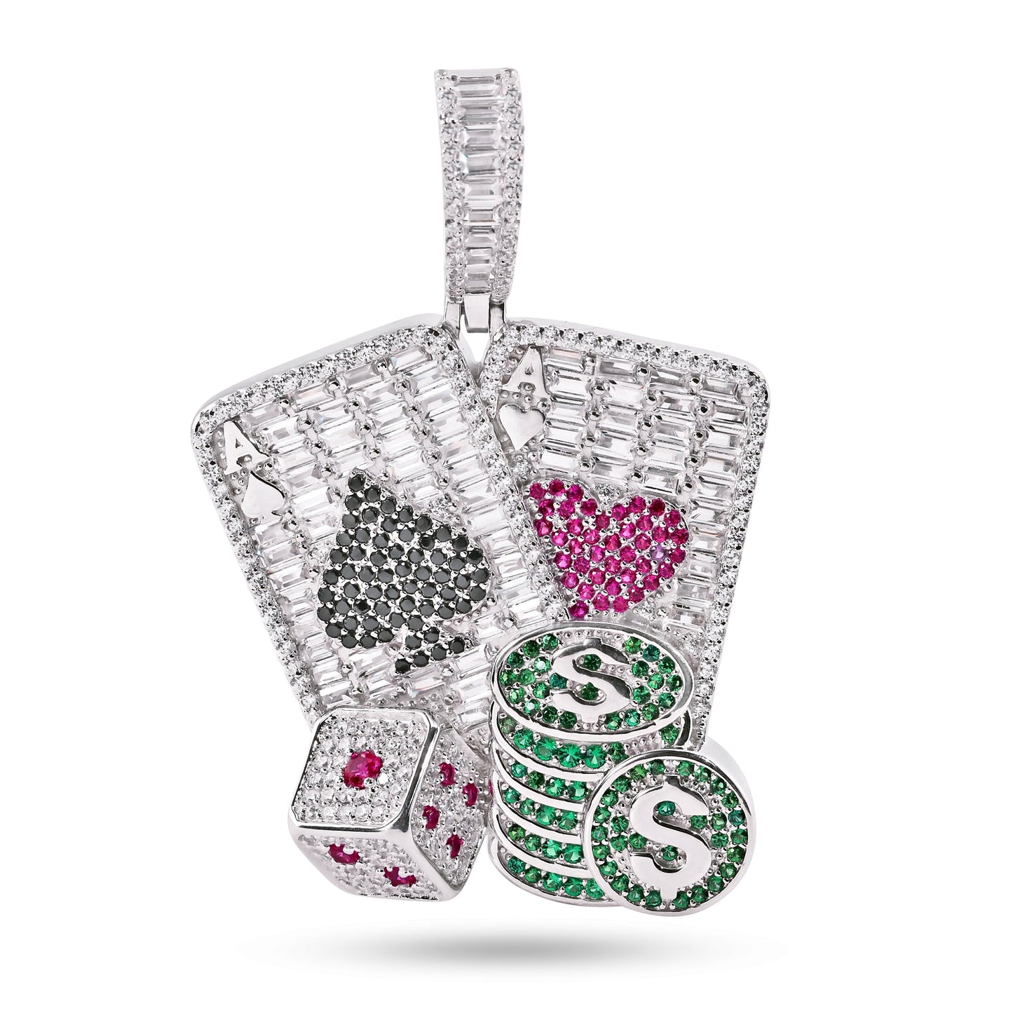 Rhodium Plated 925 Sterling Silver Cards Dice and Chips Clear Baguette Green Red and Black CZ Pendant - SLP00409