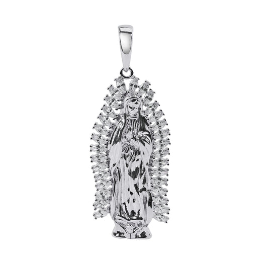 Rhodium Plated 925 Sterling Silver Our Lady Of Guadalupe Baguette Clear CZ Pendant - SLP00417