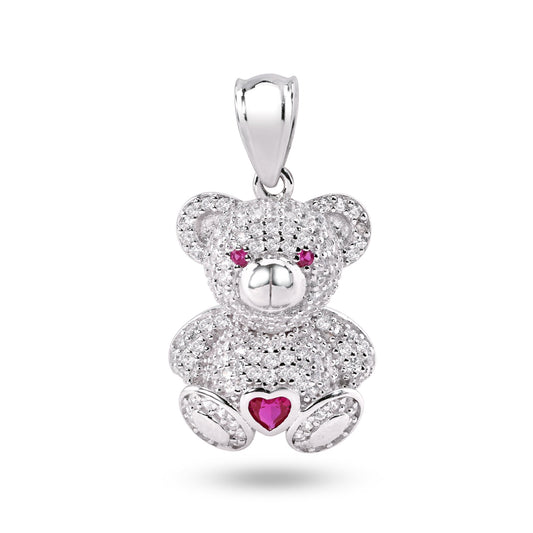 Rhodium Plated 925 Sterling Silver Teddy Bear Heart Clear and Red CZ Pendant - SLP00418